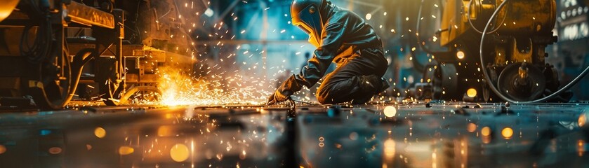 Dynamic Welders in a Factory Anamorphic Lens Flare Style - obrazy, fototapety, plakaty
