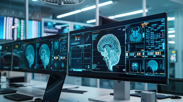 Digital image of a human brain scan displayed on monitors