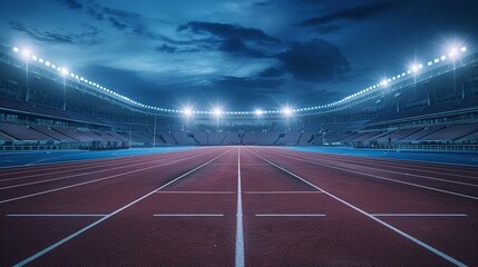 Empty sports stadium with a running track under the night sky