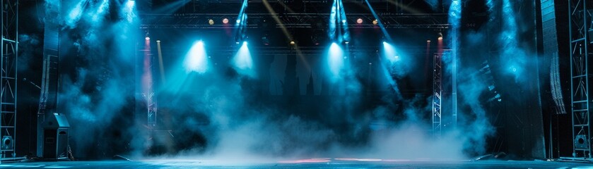 Empty concert stage with dynamic lighting and smoke effects - obrazy, fototapety, plakaty