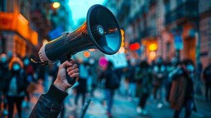 Hand holding a megaphone against a yellow background - obrazy, fototapety, plakaty