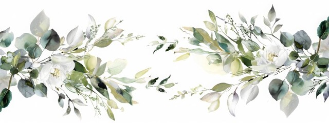 botanical design. horizontal herbal banners on white background for wedding invitation, business products. web banner with leaves, herbs - obrazy, fototapety, plakaty