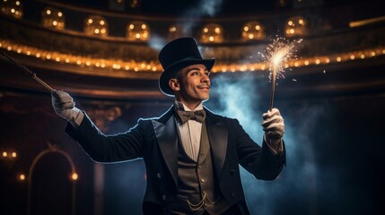 Charismatic magician top hat sparks from wand theater stage