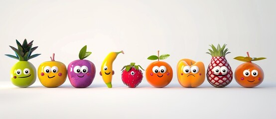A joyful gathering of fruity friends: animated characters with expressive faces, illustrating unity in diversity - obrazy, fototapety, plakaty