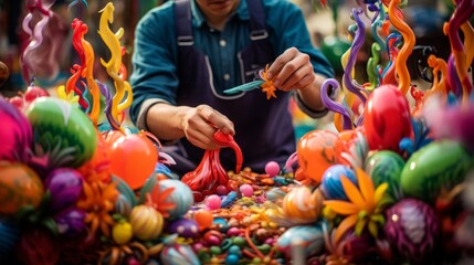 Magician crafts balloon animals vibrant backdrop life-like