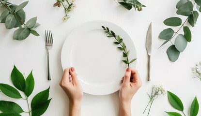 Elegant dining setting surrounded by lush greenery, hands holding cutlery ready to eat - obrazy, fototapety, plakaty