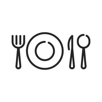 Cutlery line symbol, cafe, restaurant, catering vector icon for user interface. Plate, fork, spoon, knife.