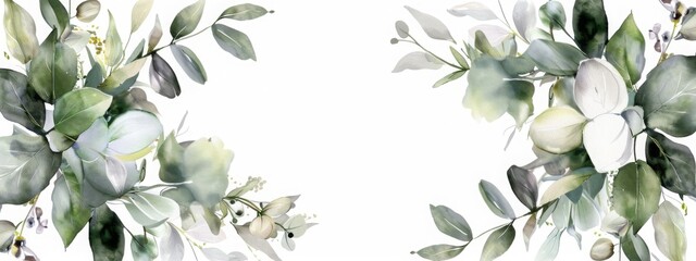 botanical design. horizontal herbal banners on white background for wedding invitation, business products. web banner with leaves, herbs - obrazy, fototapety, plakaty