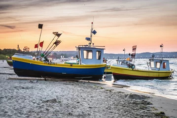 Fotobehang De Oostzee, Sopot, Polen Fishing boats on Baltic Sea beach in Karlikowo District in Sopot city, Poland