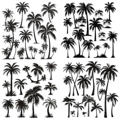 Fototapeta na wymiar Set tropical palm trees with leaves, mature and young plants, black silhouettes