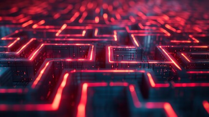 A complex neon-lit labyrinth representing network security against malevolent invasions. Generative Ai