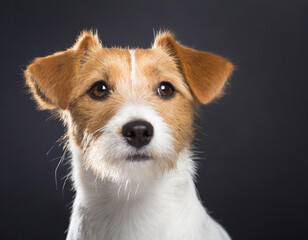 Hund, Jack Russell Terrier, Porträt, nur Kopf, Welpen, dunkler Hintergrund, KI generiert
