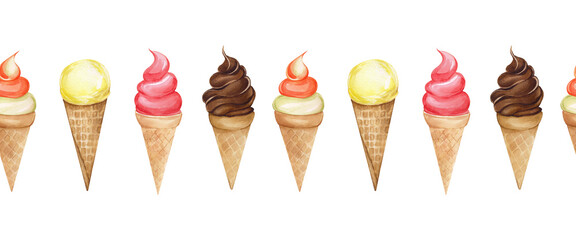 Watercolor seamless border with ice creams in waffle cones. Different flavors of ice cream, strawberry, chocolate, melon, lemon. Cute seamless ribbon for design and decoration.