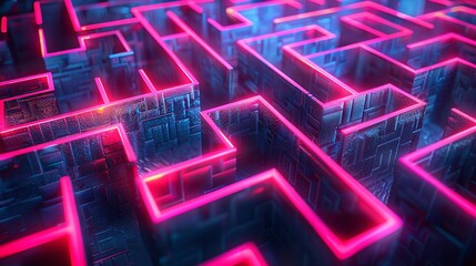 A complex neon-lit labyrinth representing network security against malevolent invasions. Generative Ai