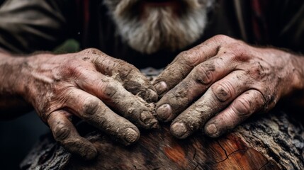 Close-up of lumberjack hands holding cut log testament to labor