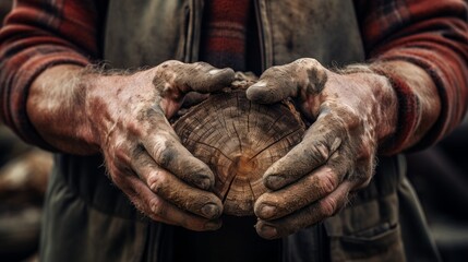 Lumberjack's weathered hands and cut log hard work's result - obrazy, fototapety, plakaty
