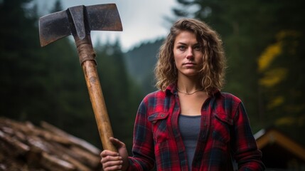 Proud female lumberjack trusty axe symbolizing gender diversity