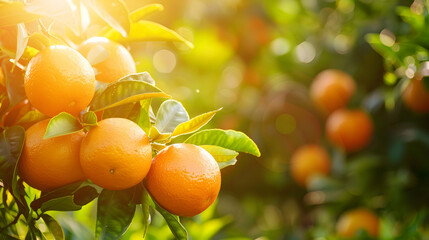 Fresh citrus fruit on a green tree in a sunny orchard