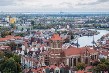 Naklejka na ściany i meble Aerial view from Basilica of Assumption of Blessed Virgin Mary on Old Town of Gdansk with Saint John Churchk, Poland