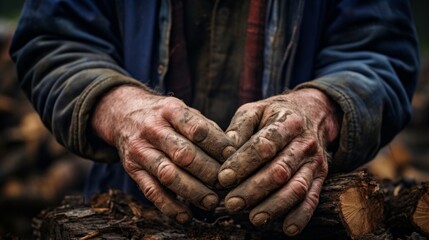 Lumberjack's calloused hands with fresh log hard work evidenced