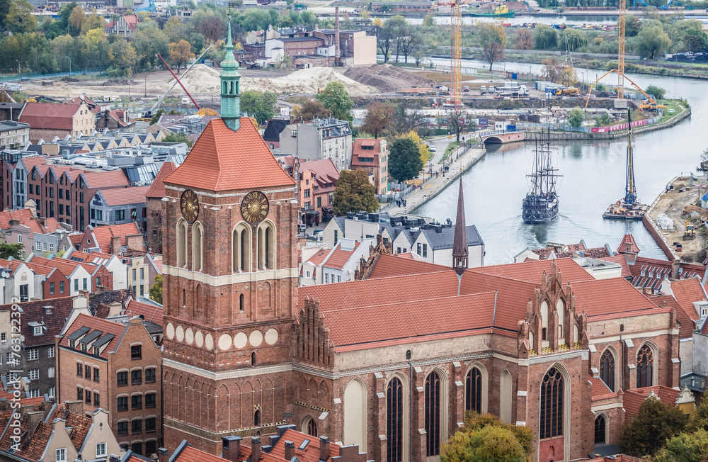 Sticker Saint John Church seen from tower of Basilica of Assumption of Blessed Virgin Mary on Old Town of Gdanskk, Poland