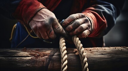 Lumberjack ties knots for log transport safety precision focus - obrazy, fototapety, plakaty