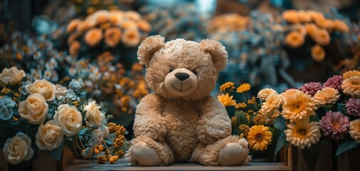 teddy bear background, stuffed toy bear in flower blossom garden cute and cheerful atmosphere, Generative Ai