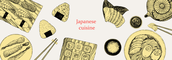 	
Japanese Restaurant Menu. Hand-drawn illustration of dishes and products. Ink. Vector	
