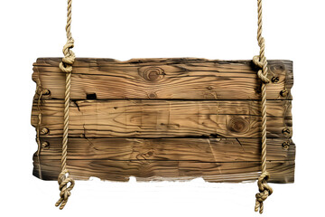 Old wooden board with a rope attached as a blackboard and space for text. Isolated on transparent background