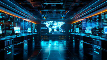 Futuristic computer lab illuminates global network connecting industry indoors
