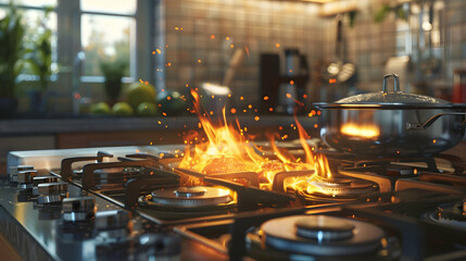 Glowing flame illuminates stove cooking food in modern kitchen