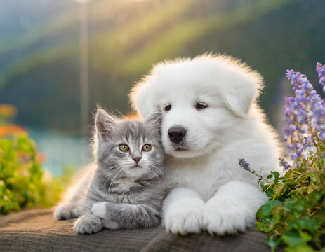 Hund, welpen eines wei&szlig;en sch&auml;ferhund schmust mit einer jungen wei&szlig;en Katze, KI generiert