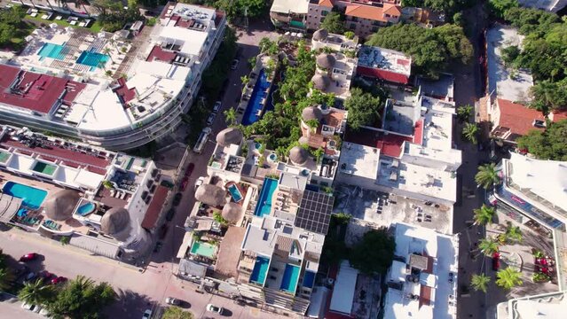 Playa Del Carmen, Mexico. Revealing Drone Shot of Waterfront Buildings and Beach on Caribbean Sea
