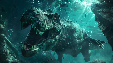 Majestic dinosaur swimming underwater teeth sharp nature dark fantasy