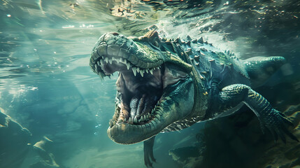 Majestic giant reptile swimming underwater sharp teeth danger in motion