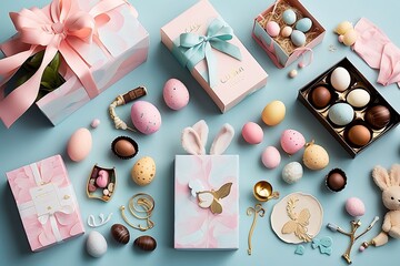 Easter composition with chocolate eggs and bunny on blue background