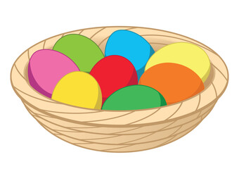 Easter egg, dyed colored hen eggs in a wicker basket bowl, color vector illustration isolated on white