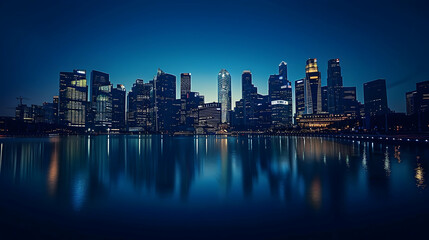 Fototapeta na wymiar Modern city skyline reflections in the dark blue waterfront at dusk