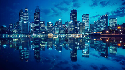 Modern city skyline reflections in the dark blue waterfront at dusk