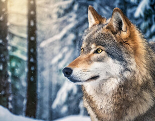 Naklejka premium Tier, Wolf, Porträt, nur Kopf, Hintergrund Wald, Winter, KI generiert