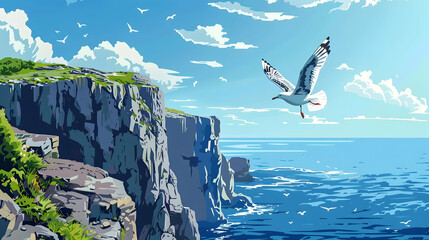 Seagull flying over blue water coastline and rocky cliff