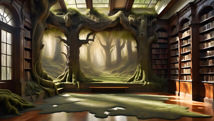 Enchanted forest library with sunlight filtering through trees, mystical and serene ambiance. - obrazy, fototapety, plakaty