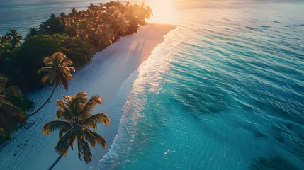 Tranquil scene turquoise waters sandy beach palm trees and sunset