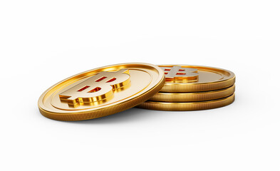 3d Stack Of Golden Thailand Baht Coins Shiny Rounded Coins Stack On White Background 3d Illustration