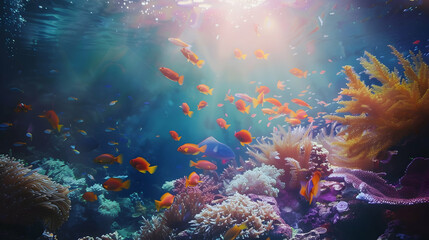 Fototapeta na wymiar Underwater fish swim in colorful reef surrounded by beauty