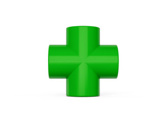 3D Shiny Green PVC Cross Pipe Versatile Fitting Plumbing Concept On White Background 3D Illustration