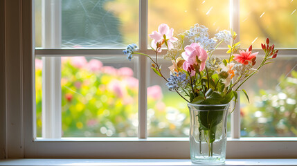 Fresh Spring Bouquet in Glass Vase on Sunny Window Sill