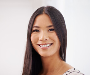 Asian girl, portrait and office for creative company as copy writer for marketing business or...