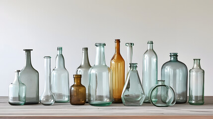 Variety of Empty Glass Bottles on Wooden Surface