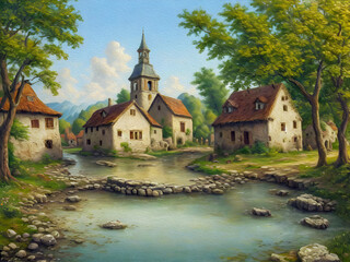 European village from 17th century, Oil Painting